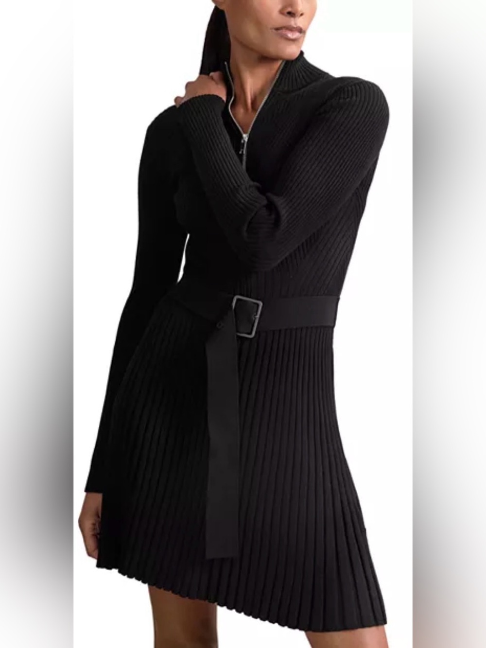 NEW REISS REISS Vienna Zip Knitted Flippy sweater black Dress Sz L